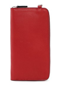Rotes Lederportemonnaie mit glatter Textur, rechteckiger Form, Reißverschluss und schwarzen Akzenten entlang des Reißverschlusses. Beinhaltet ein minimalistisches Design.