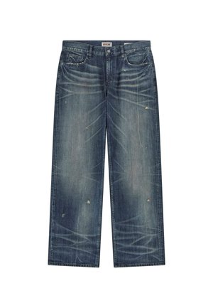 Losse, vervaagde blauwe denim jeans met versleten accenten, zichtbare stiksels, vijf zakken en een ritssluiting.