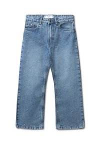 Jeans en denim bleu clair, avec une coupe large, style classique à cinq poches, embellis de petits clous en argent. 