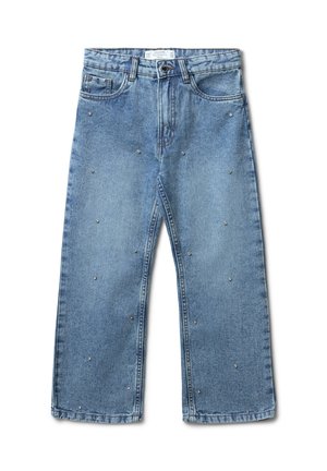 Jeans in denim blu chiaro, caratterizzati da un design a gamba larga, stile classico a cinque tasche e abbelliti da piccole borchie argentate diffuse su tutta la superficie.