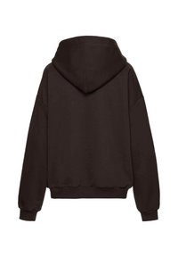 Hanorac maro cu glugă, croială relaxată, umeri căzuți, manșete și tiv cu textură ribată. Textură netedă, fără modele sau logo-uri vizibile.