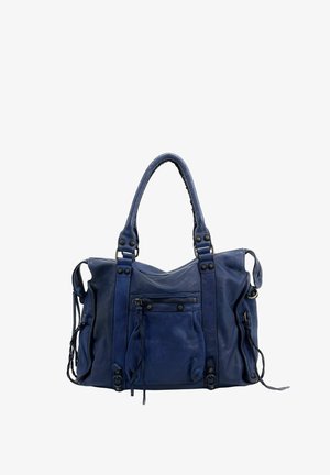 Sac à main en cuir bleu foncé avec double poignée, poche zippée à l'avant, poches latérales et sangles décoratives avec clous en métal.