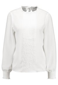 Vit långärmad blus med volang vid halsen, vertikala veck fram och smockerade manschetter. Slät, lättviktsmaterial.