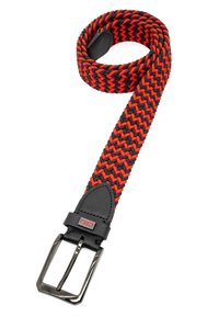 Cintura intrecciata in rosso e nero, caratterizzata da un accento in pelle e una fibbia in metallo argentato. Il design testurizzato offre flessibilità e durata.