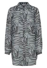 Camisa de manga larga de tela ligera y transparente con una base gris y patrones negros en forma de hoja, y un frente botonado.
