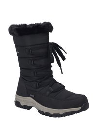 Botte d'hiver noire avec un col doublé en polaire, matériau rembourré, devant à lacets et semelle en caoutchouc texturé. Présente une semelle intermédiaire grise contrastante.