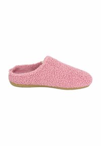 Roze fuzzy pantoffel met een gestructureerd oppervlak, open achterkant ontwerp en een zachte binnenvoering. Beschikt over een platte, flexibele zool.