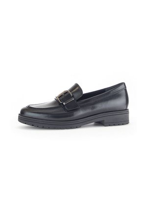 Black leather loafers with a rounded toe, featuring a decorative silver buckle and a textured rubber sole for grip and durability.