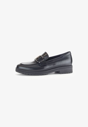 Black leather loafers with a rounded toe, featuring a decorative silver buckle and a textured rubber sole for grip and durability.