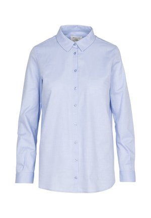 Lichtblauw overhemd met lange mouwen, knoopsluiting, een klassieke kraag en knopen aan de voorkant, afgebeeld tegen een witte achtergrond.