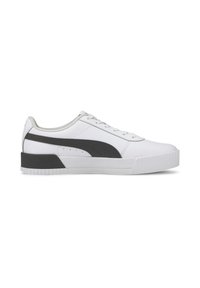 Sneaker bianca con accenti neri e grigi, materiale sintetico liscio, punta rotonda, suola piatta in gomma e chiusura con lacci.