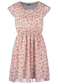 Květinové šaty s krátkým rukávem, elastickým pasem a lehkým, průhledným materiálem v krémové barvě s růžovými a zelenými květinovými vzory.