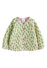 Veste matelassée vert clair avec des accents roses, présentant un motif floral en rouge et bleu, et deux poches plaquées à l'avant.