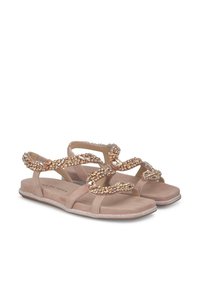 Sandali nudi con cinturini intrecciati decorati con strass dorati e trasparenti, materiale morbido e soletta piatta con dettagli glitterati.