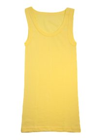 Żółty bawełniany top na ramiączkach z okrągłym dekoltem, bez rękawów i gładką fakturą. Brak dodatkowych wzorów lub elementów ozdobnych.