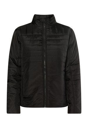 Czarna kurtka puffer z wysokim kołnierzem, zamek błyskawiczny i skosnymi szwami. Gładki, błyszczący materiał z pikowaniem na ciele i rękawach.