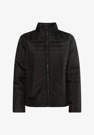 Czarna kurtka puffer z wysokim kołnierzem, zamek błyskawiczny i skosnymi szwami. Gładki, błyszczący materiał z pikowaniem na ciele i rękawach.