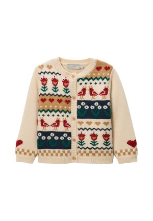 Cardigan en maille crème pour enfants avec oiseaux rouges, fleurs rouges, marguerites blanches, cœurs beige et motif à carreaux, fermeture à boutons sur le devant.