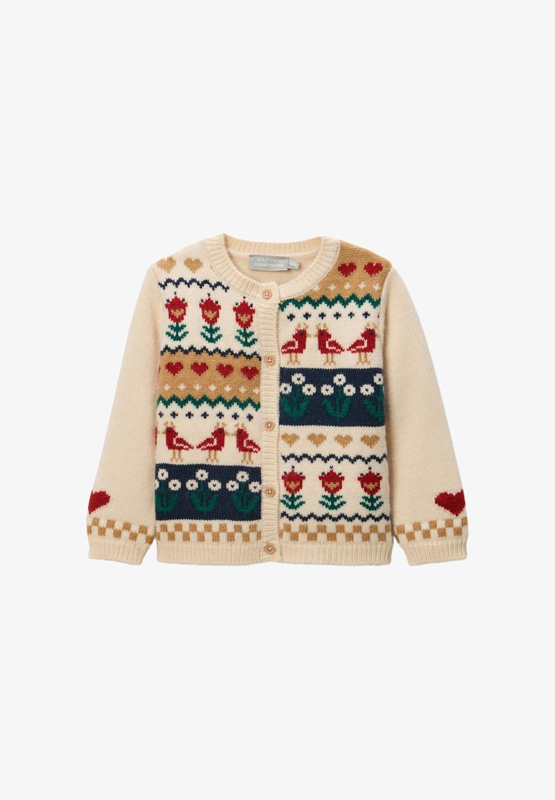 Cardigan en maille crème pour enfants avec oiseaux rouges, fleurs rouges, marguerites blanches, cœurs beige et motif à carreaux, fermeture à boutons sur le devant.