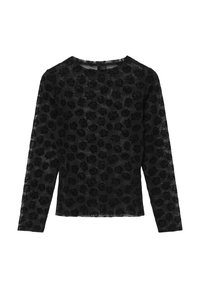 Haut noir à manches longues avec un motif floral texturé, présentant des motifs de roses noires en relief sur un matériau transparent et un col rond.