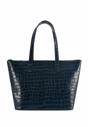 Czarna torba typu tote o fakturze przypominającej skórę krokodyla, z dwoma paskami na ramię i zapięciem na zamek, prezentowana na białym tle.