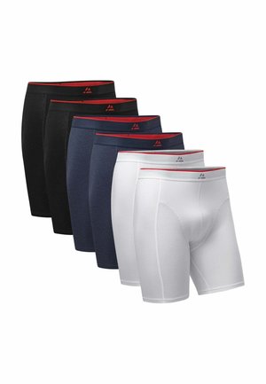 Herrens kalsonger, set om fem. Färger: svart, marinblå och vit. Mjuk textil, slät yta, elastisk midjeband med röda accenter.