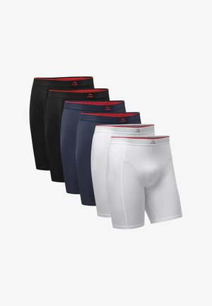 Bóxer para hombres, conjunto de cinco. Colores: negro, azul marino y blanco. Tela suave, textura lisa, cinturilla elástica con acentos rojos.