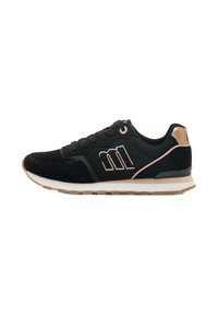 Scarpa sportiva nera con tomaia in suede e rete, dettagli in oro rosa, lacci rotondi e suola intermedia bianca. Presenta una suola esterna in gomma testurizzata.