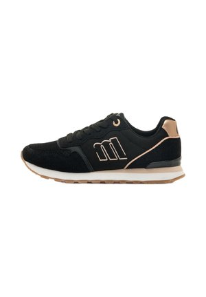 Scarpa sportiva nera con tomaia in suede e rete, dettagli in oro rosa, lacci rotondi e suola intermedia bianca. Presenta una suola esterna in gomma testurizzata.