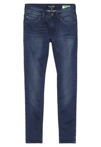 Tmavě modré džíny z denimu, s úzkým střihem, pěti kapsami a knoflíkovým zapínáním. Tkanina má mírný zesvětlený efekt pro texturu.