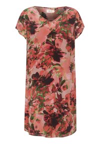 Robe fleurie avec un décolleté en V, des manches courtes et une coupe ample. Confectionnée en tissu léger avec des motifs floraux roses, rouges et verts.