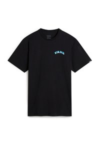 Černé bavlněné tričko s krátkým rukávem, s vyšívaným světle modrým logem "VANS" na hrudi v zakřiveném designu.