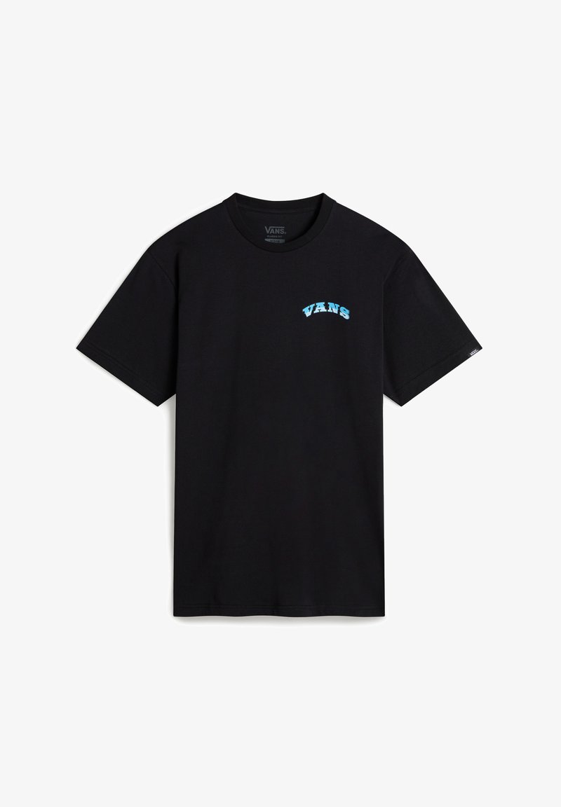 Camiseta de algodón negra con mangas cortas, que presenta un logo de "VANS" bordado en azul claro en el pecho con un diseño curvado.