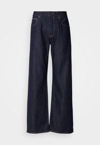 Jeans dżinsowe o szerokich nogawkach w ciemnym odcieniu, z wysokim stanem, z przednimi kieszeniami i subtelnie wykończonymi szwami. Gładka faktura i klasyczny krój.