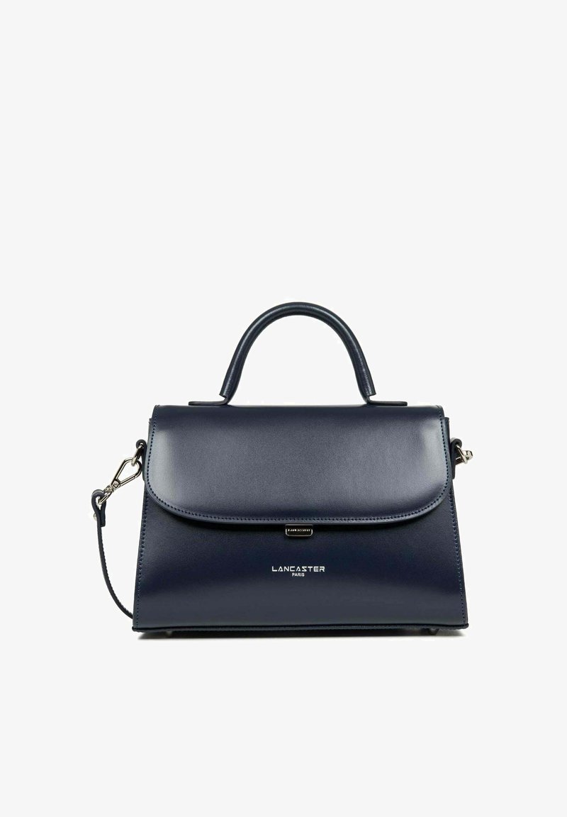 Borsa in pelle blu navy con design strutturato, manico superiore e tracolla staccabile. Caratterizzata da una chiusura a pattina e logo sul davanti.