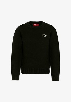 Maglione nero lavorato a maglia con collo rotondo, polsini e orlo a coste, con un logo argentato sul petto. L'etichetta riporta "DIESEL."