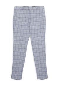 Grau karierte Hosen aus leichtem Stoff, mit Knopfverschluss, seitlichen Taschen und einer schmalen Passform mit zulaufenden Beinen.