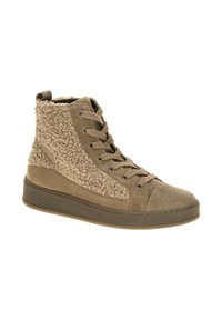 Bruine hoge sneakers van suede en textiel met een vetersluiting, een gepolsterde kraag en een rubberen zool.