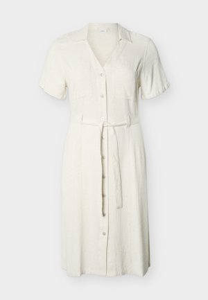 Crèmekleurige midi-jurk met korte mouwen, kraag, knopen aan de voorkant, twee borstzakken en een stoffen riem die in de taille is gestrikt.