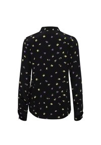 Long-sleeve shirt in black fabric with a floral pattern in purple, green, and cream. Features a collar, buttoned cuffs, and a relaxed fit.