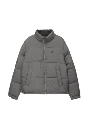 Gray puffer jacket with a high collar, zippered front, and two side pockets. The design features a quilted texture and ergonomic fit.