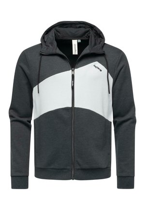 Hooded zip-up sweatshirt in dark gray and white, featuring a curved color block design, soft fabric, and adjustable drawstrings.