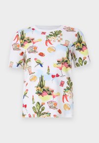 Λευκό κοντομάνικο πουκάμισο με πολύχρωμες εκτυπώσεις κάκτων, παπαγάλων, κοκτέιλ, χαρτοπαικτικών λεσχών, καυτερής πιπεριάς, κραγιόν και καπέλων.