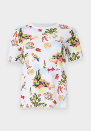 Weißes kurzärmeliges Hemd mit bunten Drucken von Kakteen, Papageien, Cocktails, Spielkarten, Chilischoten, Lippenstift und Hüten.