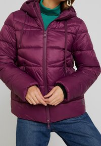 Fioletowa pikowana kurtka z kapturem, z dwoma zamykanymi na zamek kieszeniami, elastycznymi mankietami i regulowanymi sznurkami. Nosi się ją na zielonej bluzce.