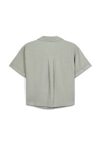 Camicia a maniche corte di colore verde chiaro realizzata in tessuto texturizzato. Presenta un colletto a punta e una piega sul retro per una maggiore libertà di movimento.