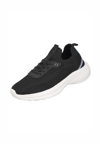 Zapatillas negras de punto con suela de goma blanca, con cordones y parte superior texturizada. Incluyen una lengüeta en el talón y detalles reflectantes.