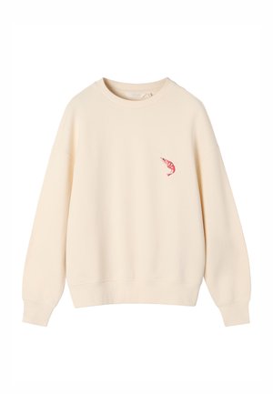 Bluza w kolorze kremowym z długimi rękawami, okrągłym dekoltem oraz małą grafiką czerwonych krewetek na lewej piersi.