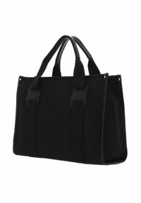 Sac fourre-tout noir en tissu durable, avec des poignées en cuir texturé, de forme rectangulaire et des sangles latérales distinctives pour une structure supplémentaire.