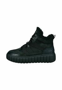 Schwarze High-Top-Sneaker mit einer strukturierten Oberfläche aus Wildleder und Leder. Robuste Plateausohle und Kragen aus Kunstfell für zusätzlichen Komfort.